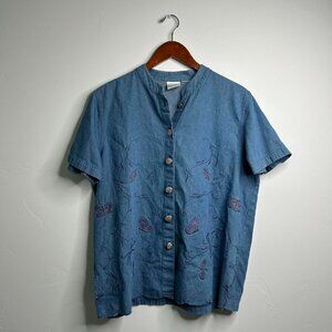 Blue floral butterfly embroidered short sleeve button up shirt